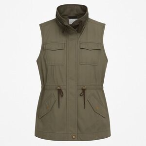 Sebby Vest Women L Olive Military Green Cotton Utility Full Zip Snap Pockets